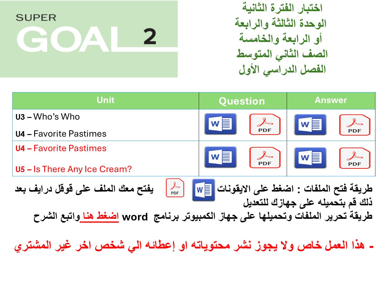 اختبار الفترة الثانية منهج Super Goal 2 الوحدات الثالثة والرابعة أو الرابعة والخامسة الفصل الدراسي الأول